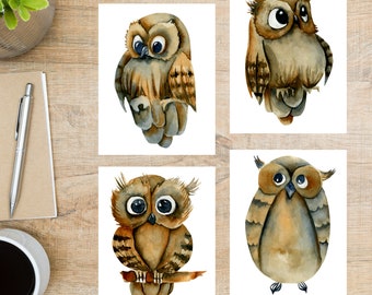 Juego de postales de búho en acuarela / 4 postales / Cartulina gruesa de 130 g / Para enviar una postal a un amigo o familiar
