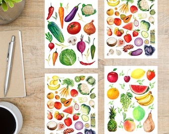 Set di cartoline di frutta e verdura / 4 cartoline / Cartoncino spesso 130 / Per inviare una cartolina a un amico, un familiare