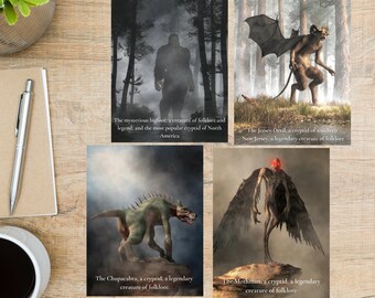 Cryptids Creature Postcard Set...Legendary Folklore | 4 Postcards | 130 Thick Cardstock | Bigfoot, Mothman, Jersey Devil, Chupacabra
