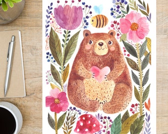 Watercolor Bear Postcard | 1 Postcard | Thick Cardstock | For sending a postcard to a friend