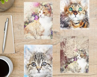 Set di cartoline con gatti acquerellati / 4 cartoline / Cartoncino spesso 130 / Per inviare una cartolina a un amico, un familiare