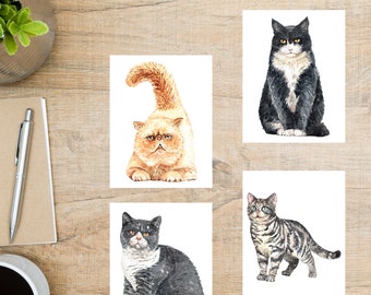 Aquarell Katzen Postkarten Set | 4 Postkarten | 130 Dicker Karton | Katze Kitty Kätzchen Kitty-Katze sicher Masken hübsche schöne Postcrossing Karte