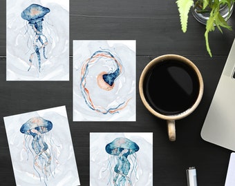 Watercolor Jellyfish Postcard Set | 4 Postcards | 130 Thick Cardstock | Postcard Exchanges | Unique Postcards | Beautiful Postcards