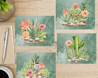 Succulents Postcard Set | 4 Postcards | 130 Thick Cardstock | succulent cactus cacti flower rock watercolor