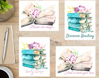 Books and Flowers Postcard Set | 4 Postcards | 130 Thick Cardstock | For sending a postcard to a friend, family member