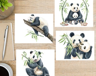 Conjunto de cartões postais de pandas em aquarela | 4 cartões postais | Cartão grosso 130 | Para enviar um cartão postal a um amigo ou familiar
