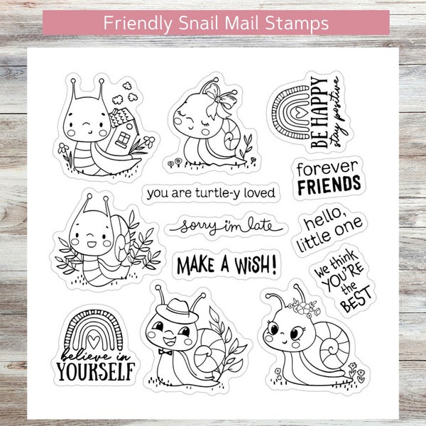 Friendly Snail Mail Stamp Set - Stamping block not included - Set includes sentiments, snails, rainbow, phrases, fun, friendship, pen pals