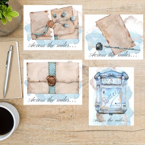 Set di cartoline con acquerello / 4 cartoline / 130 cartoncini spessi - Cassetta postale, lettere, penna, penna d'oca, inchiostro, calamaio, nastro, scrittura di lettere
