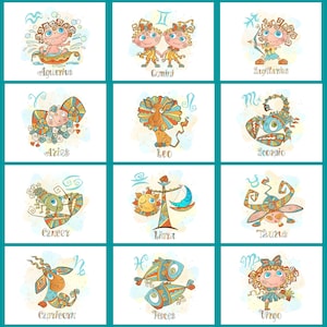 Lot de 12 cartes postales ou cartes pour correspondance Zodiac | 12 Cartes postales ou cartes pour correspondance | Papier cartonné épais 130 | Dessin animé mignon signe du zodiaque