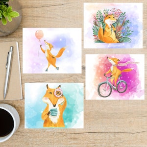 Set de cartes postales aquarelle renard | 4 cartes postales | Papier cartonné épais 130 | Pour envoyer une carte postale à un ami, un membre de la famille