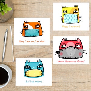 Ensemble de cartes postales de chats de quarantaine | 4 cartes postales | Papier cartonné épais 130 | Coins carrés | chat avec masque hanche minou chaton masques sans danger pour minou