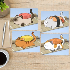 Conjunto de cartões postais Sushi Cats | 4 cartões postais | Cartão grosso 130 | Para correio tradicional, troca de cartões postais e envio de um cartão a um amigo