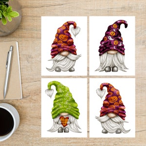 Conjunto de cartões postais de gnomos de Halloween | 4 cartões postais | Cartão grosso 130 | Para enviar um cartão postal a um amigo