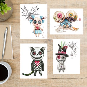 Set di cartoline famiglia bambola voodoo / 4 cartoline o biglietti / cartoncino spesso / ragazza voodoo, ragazzo, gemelli e gatto