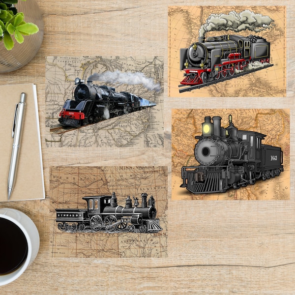 Jeu de cartes postales de trains | 4 cartes postales | Papier cartonné épais 130 | Pour envoyer une carte postale à un ami, un membre de la famille