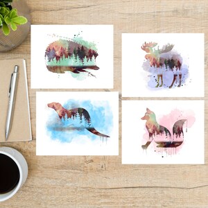 Jeu de cartes postales de silhouettes d'animaux sauvages | 4 cartes postales | Papier cartonné épais 130 | Pour envoyer une carte postale à un ami via les échanges de cartes postales