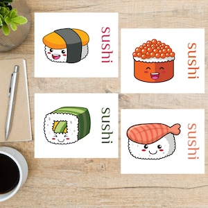 Kawaii Sushi Postkarten Set | 4 Postkarten | 130 Dicker Karton | Zum Versenden einer Postkarte an einen Freund, Familienmitglied