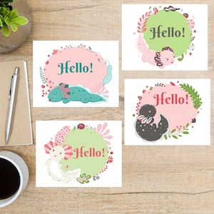 Axolotl Hallo Postkarten Set | 4 Postkarten | 130 Dicker Karton | Zum Versenden einer Postkarte an einen Freund