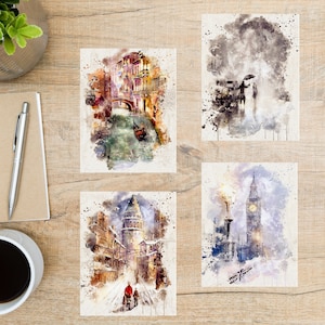 Set de cartes postales de destination aquarelle | 4 cartes postales | Papier cartonné épais 130 | Pour envoyer une carte postale à un ami, un membre de la famille