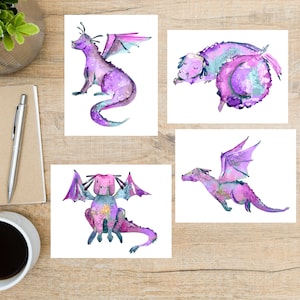Set de cartes postales aquarelle dragon rose | 4 cartes postales | Papier cartonné épais 130 | Pour un courrier postal, un échange de cartes postales et l'envoi d'une carte à des amis