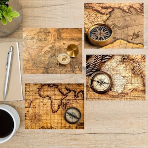 Old Compass Maps Postcard Set | 4 Postcards | 130 Thick Cardstock