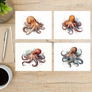 Conjunto de cartões postais coloridos de polvo em estilo aquarela | 4 cartões postais | Cartão grosso 130 | Ótimo para trocas de cartões postais, como o Postcrossing!