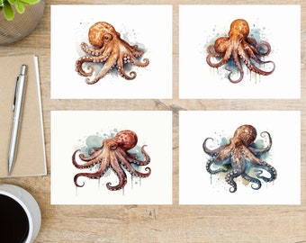 Ensemble de cartes postales colorées de poulpe de style aquarelle | 4 cartes postales | Papier cartonné épais 130 | Idéal pour les échanges de cartes postales tels que Postcrossing !