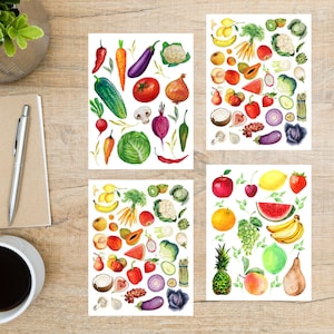 Obst und Gemüse Postkarten Set | 4 Postkarten | 130 Dicker Karton | Zum Versenden einer Postkarte an einen Freund, Familienmitglied