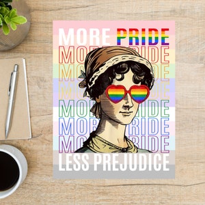 Mais orgulho, menos preconceito Cartão postal de Jane Austen | 1 cartão postal | Bandeira do arco-íris de celebração em cores orgulho e preconceito