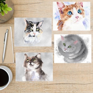 Set di cartoline con gatti acquerellati / 4 cartoline / Cartoncino spesso 130 / Per inviare una cartolina a un amico, un familiare