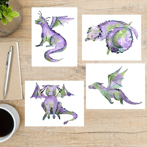 Set de cartes postales aquarelle dragon violet | 4 cartes postales | Papier cartonné épais 130 | Pour un courrier postal, un échange de cartes postales et l'envoi d'une carte à des amis