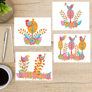 Scandinavian Folk Art Birds Postcard Set | 4 Postcards | 130 Thick Cardstock | norway sweden denmark iceland finland bird folkart birds