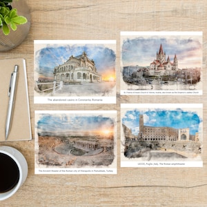 Juego de postales con detalles de lugares emblemáticos en acuarela / 4 postales / Cartulina gruesa de 130 g /