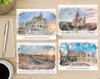 Watercolor Landmark Detailed Destinations Postcard Set | 4 Postcards | 130 Thick Cardstock |