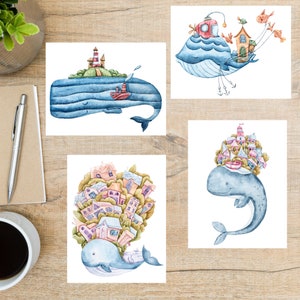 Lovely Fantasy Whales Postcard Set | 4 Postcards | 130 Thick Cardstock | whale submarine fish house lighthouse ocean mammals mammal sea