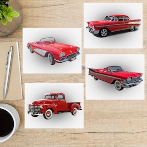 50er Jahre Cars Postkarten Set | 4 Postkarten | 130 Dicker Karton | Zum Versenden einer Postkarte an einen Freund, Familienmitglied