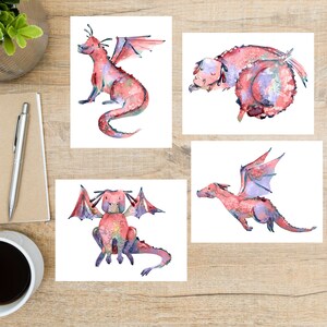Conjunto de cartões postais de dragão vermelho aquarela | 4 cartões postais | Cartão grosso 130 | Para correio tradicional, troca de cartões postais e envio de um cartão para amigos