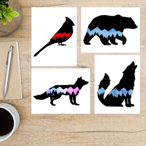 1 jeu de cartes postales Silhouettes d'animaux | 4 cartes postales | Papier cartonné épais 130 | Pour envoyer une carte postale à un ami, Postcrossing, PostFun, etc.