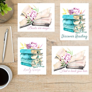 Set de cartes postales livres et fleurs | 4 cartes postales | Papier cartonné épais 130 | Pour envoyer une carte postale à un ami, un membre de la famille