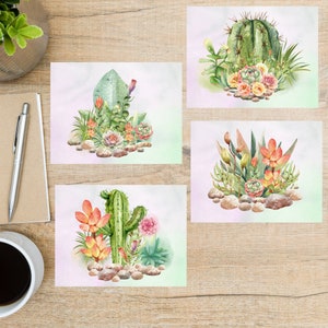 Lot de cartes postales succulentes | 4 cartes postales | Papier cartonné épais 130 | succulent cactus fleur de roche aquarelle