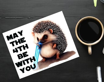 May the 4th Be With You - Hedgehog - Blue Light Saber | 1 Postcard | Thick Cardstock | For sending a postcard to a friend