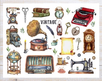 Watercolor Vintage Antiques Collage Postcard | 1 Postcard | Thick Cardstock | For sending a postcard to a friend
