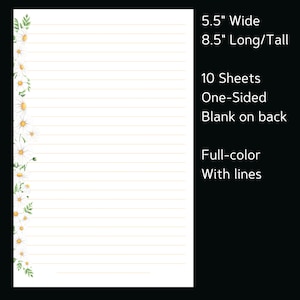 Juego de papelería Margaritas / 10 hojas y 5 sobres / 8,5 X 5,5 hojas + sobres a juego / Para escribir cartas y notas