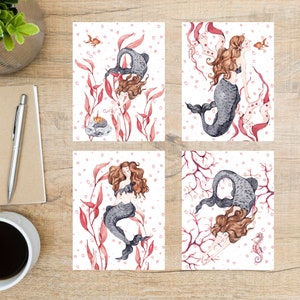 Set de cartes postales aquarelle sirène | 4 cartes postales | Papier cartonné épais 130 | corail algue sirènes mercat hippocampe poisson varech sous-marin