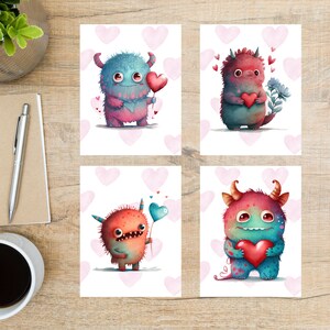 Ensemble de cartes postales Monstres de la Saint-Valentin | 4 cartes postales | Papier cartonné épais | Pour envoyer une carte postale à un ami