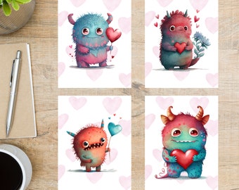 Valentine's Day Monsters Postcard Set | 4 Postcard | Thick Cardstock | For sending a postcard to a friend