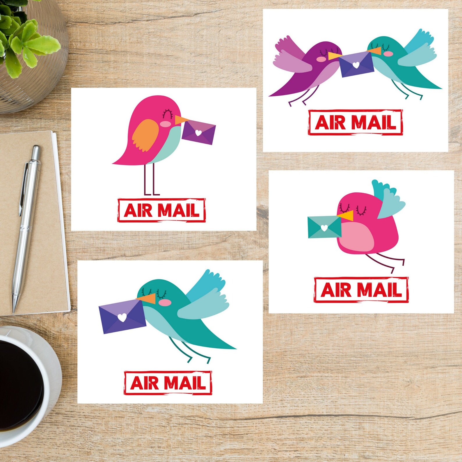 Air Mail Birds Postcard Set 4 Postcards 130 Thick Etsy