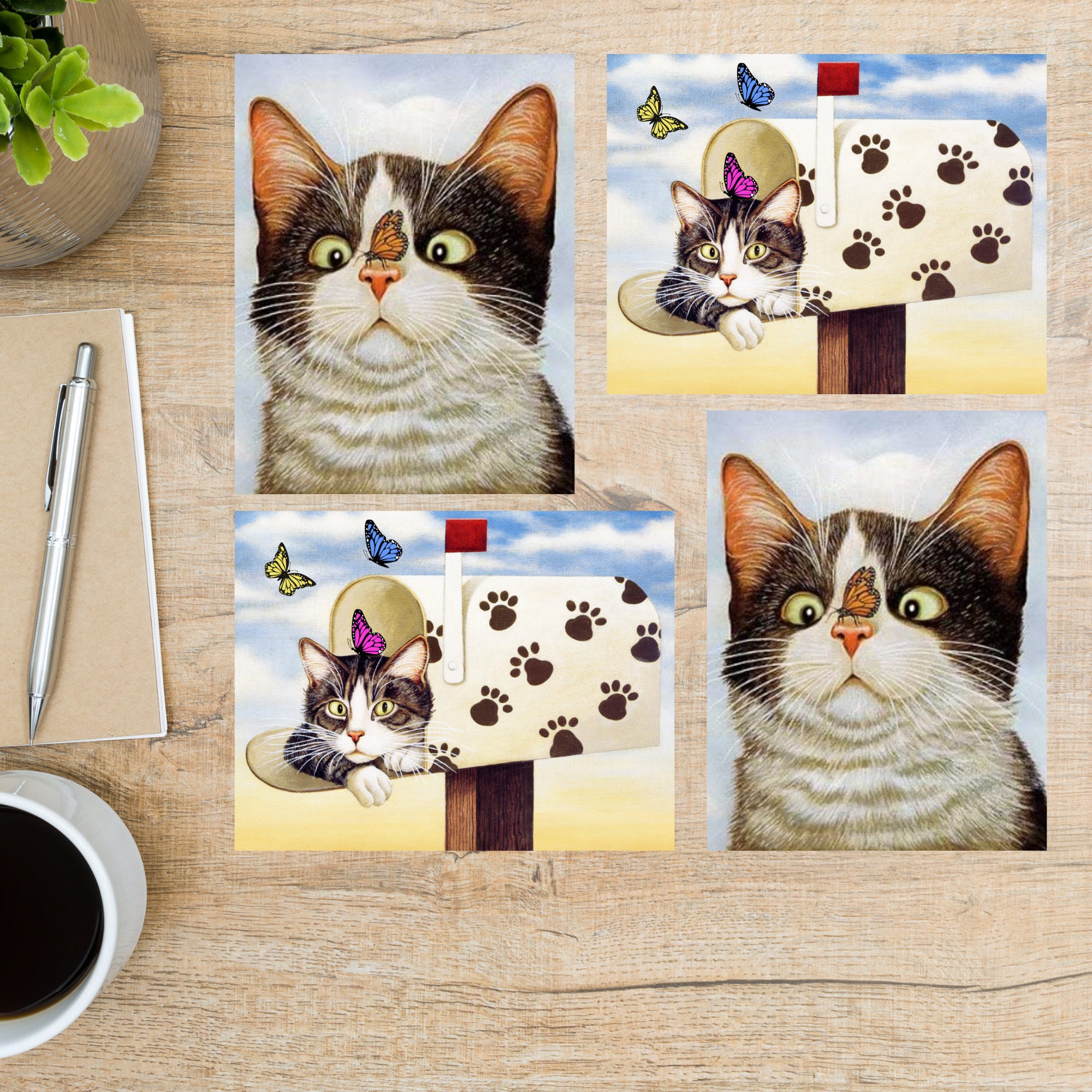 Cat & Butterfly Postcard Set | 4 Postcards | 130 Thick Cardstock | For sending a postcard to a friend, family member