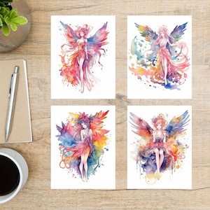 Wunderschönes Aquarell Feen Postkarten Set | 4 Postkarten | Dicker Karton | Wunderschöne Feen in schönen, kräftigen Farben mit Aquarell