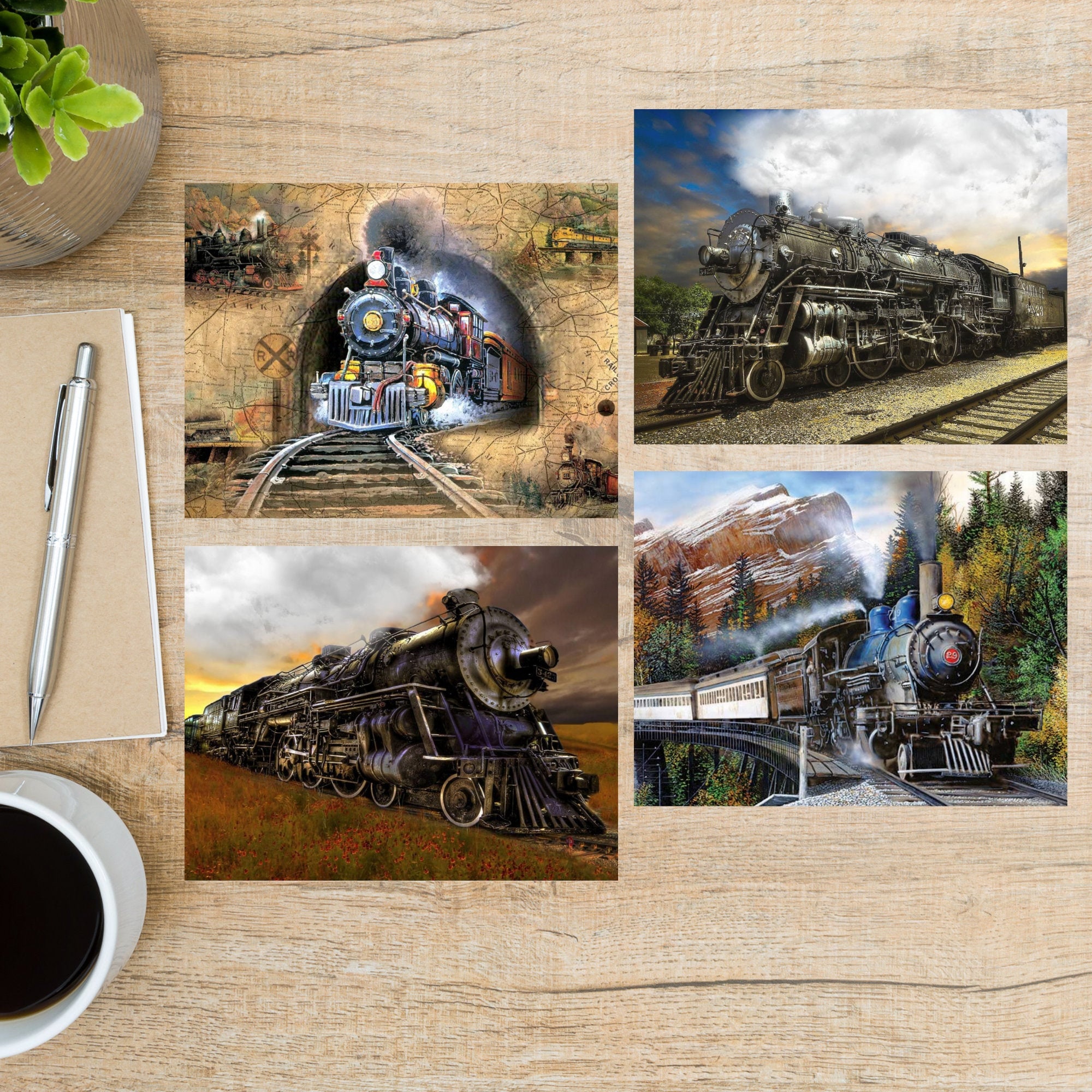 Trains Postcard Set | 4 Postcards | 130 Thick Cardstock | For sending a postcard to a friend, family member
